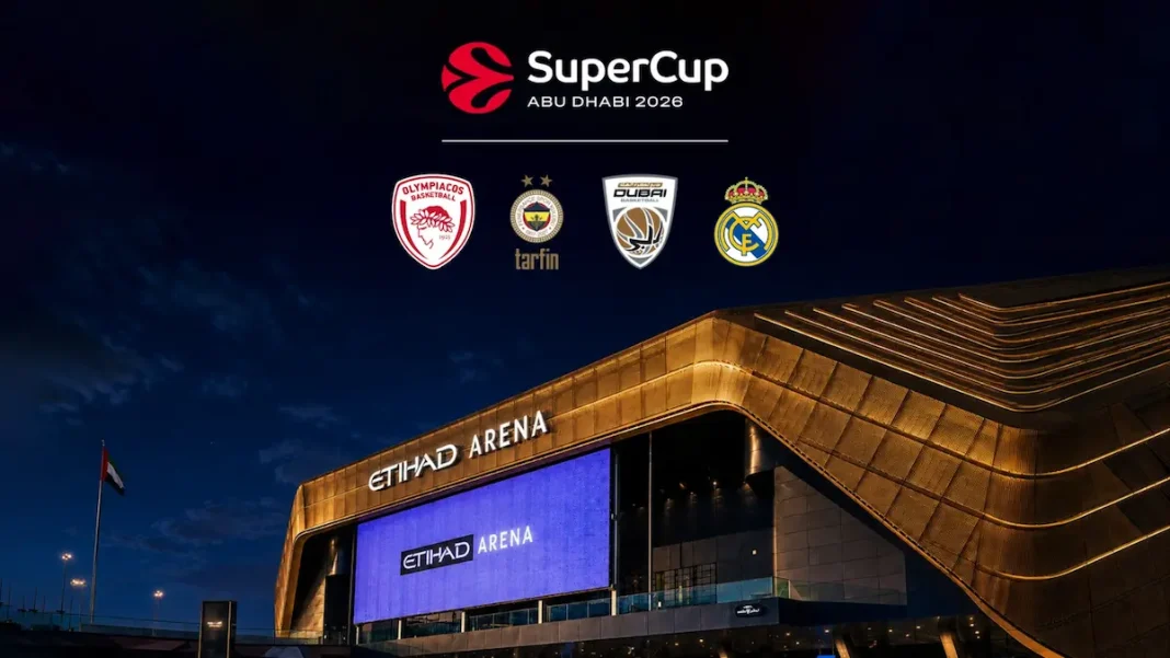 Γραφικό της euroleague για το EL SuperCup με τα λογότυπα του Ολυμπιακού, της Ρεαλ, της Φενέρμπαχτσέ και της Ντουμπάι